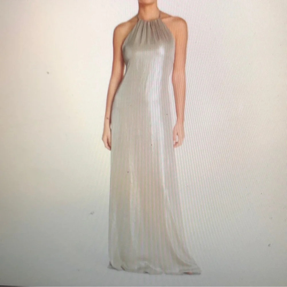 NOUVELLE AMSALE Ethereal Dress Sz S elegant occasions rose gold halter Tall
